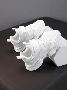 1 双儿童白色运动鞋，男孩和女孩的网眼钩环跑鞋，透气白色运动鞋