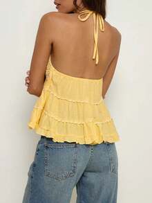 Women Lace Floral Embroidery Halter Top Sleeveless Ruffle Ruched Layered Flowy Vest Y2k V-Neck Tie-Up Backless Loose Crop Tank Top Summer Going Out Top Daily Party Club Travel Wear - 黃色 - 查看 2