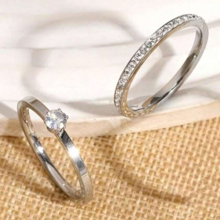 Delicate Elegant Solitaire Ring Pair Kit Refined Stainless Steel Shiny Crystal Stone - 銀色 - 查看 1