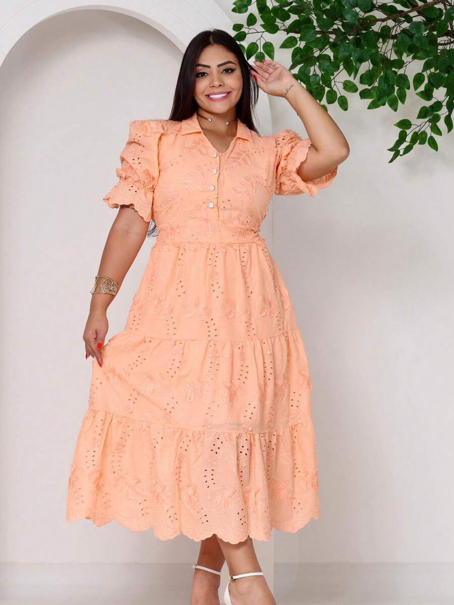 Women's Fashion Midi Dress In 3D Laise Fabric With Elastex On The Back And Button On The Front And Lining - 3D鮭魚 - 查看 1