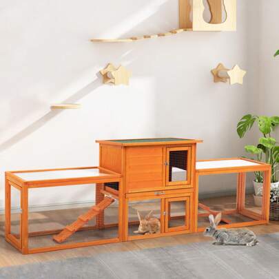 Casa para cobayas de 4 puertas y dos niveles, 240 x 48 x 79 cm, color naranja, con estante extraíble.