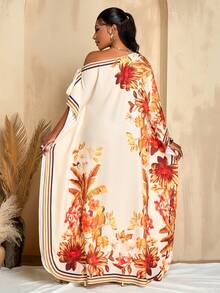 BIUBIU Women's Plus Size Orange Floral Elegant One-Shoulder Loose Long Robe Dress Casual Vacation Fashion Maxi Dress - Apricot Orange - View 2