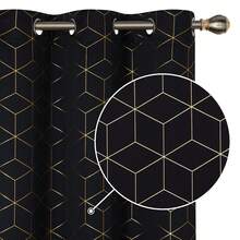 2 Pcs Blackout Curtains For Bedroom & Living Room - Diamond Foil Print, Grommet Top, Thermal Insulated & Room Darkening (Blocks Sun, Saves Energy) - 黑色 - 查看 2