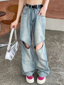 Women' Y2K Ripped Jeans Casual Straight-Leg Baggy Wide-Leg Hollow-Out Design Fashion Denim Pants Street Style Harajuku Clothing