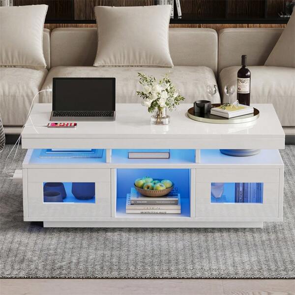 Sairedel 100*50*43cm Weißer Hochglanz-Couchtisch mit App-gesteuerten LEDs - Wohnzimmertisch mit Schrankfach, Ladeanschluss & Steckdose | Für Büro & Wohnzimmer