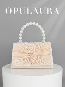 OpulAura 女士优雅仿珍珠缎面手提包，浪漫婚礼钱包，精致迷人的晚礼服配饰包，带有褶皱设计，适合晚会、生日派对、节日礼物等正式场合 - 杏色 - 查看 1