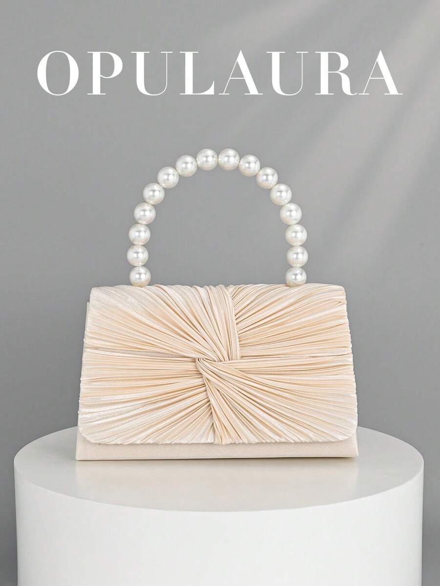 OpulAura 女士优雅仿珍珠缎面手提包，浪漫婚礼钱包，精致迷人的晚礼服配饰包，带有褶皱设计，适合晚会、生日派对、节日礼物等正式场合 - 杏色 - 查看 1