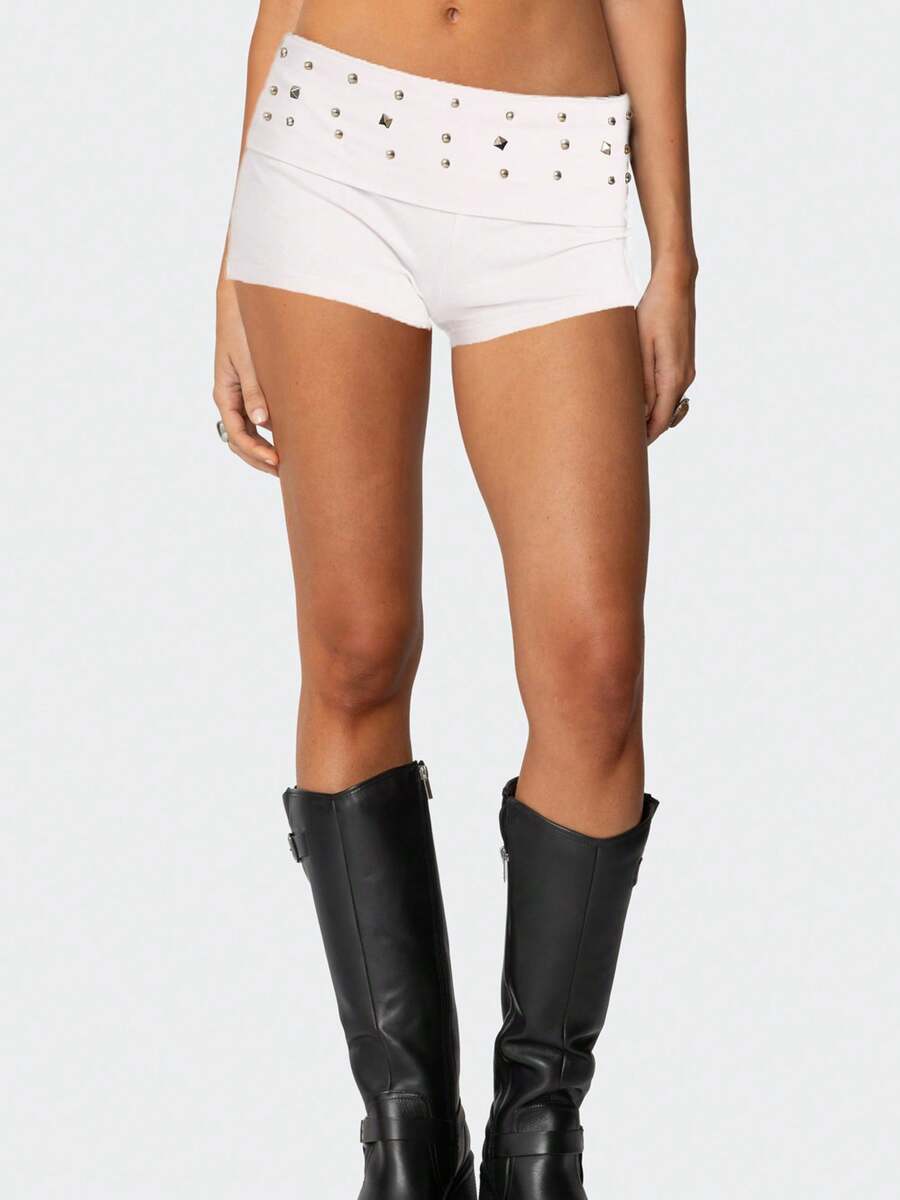 Women Y2K Studded Foldover Summer Hot Shorts Vintage Low Waist Slim Fit Micro Shorts - 白色 - 查看 1