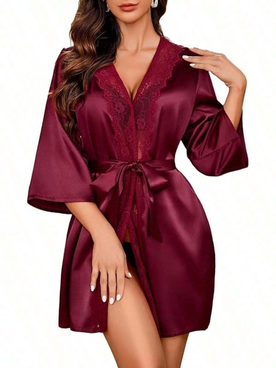 Women's Kimono Robe Short Satin Pure Short Silky Robes - Đỏ sẫm - Xem 1