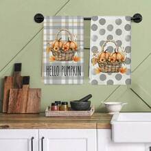 Un set de 2 bucăți de prosoape cu tematică de toamnă de Ziua Recunoștinței, concepute cu prosoape imprimate cu model de dovleac și frunze de arțar, lavabile la mașină, rezistente la căldură, absorbante și reutilizabile, potrivite pentru decorarea camerei, prosoape de bucătărie și baie, decorarea petrecerilor, decorarea casei, fiind un cadou ideal pentru toamnă și Ziua Recunoștinței. - Multicolor - Vizualizare 6