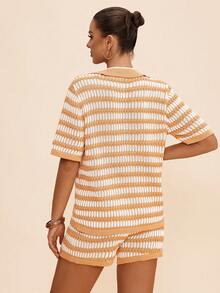 女士新款海边度假旅行时尚休闲运动装，卡其色高档条纹V领POLO衫短袖短裤针织两件套服装，春夏秋季 - 彩色 - 查看 6