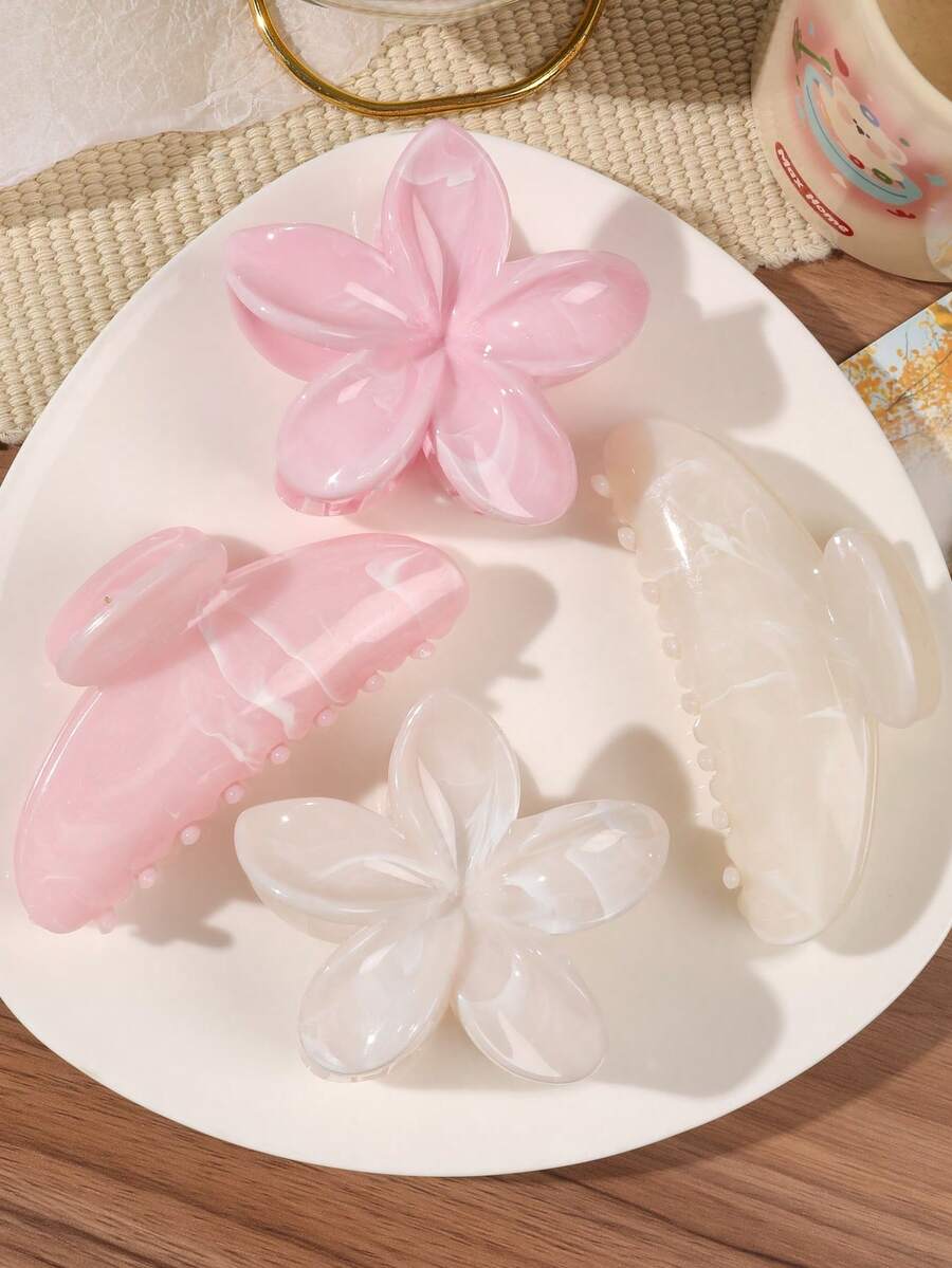 4件套波西米亚甜美浅米色和粉色大理石纹半圆形雏菊发夹,沙滩配饰发饰,女士爪夹,秋冬配饰,适合度假、夏季、假日、旅行、节日、派对等场合。 - 彩色 - 查看 1