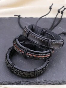3件/1件 复古黑色编织皮革手链DIY 男士组合套装 - 黑色 - 查看 2
