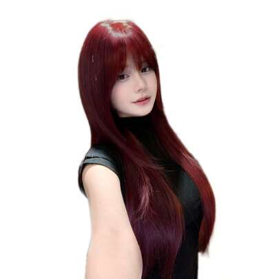 SHUDUO 1 件合成耐热直发红色假发，由日常使用的纤维制成，自然逼真的假发（不含配件）