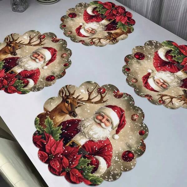 8pcs/6pcs/4pcs/1pc Holiday Christmas Placemat Set - Polyester Linen Round Placemats With Santa Claus & Reindeer Design, Christmas Floral Print, Non-Slip, Hand Washable, Suitable For Holiday Dining And Home Decor, Durable.