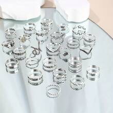 25Pcs Vintage Bohemian Stacking Rings Set  Moon Sun Star Tree Elephant Snake Love Phrases Family Strength Peace Jewelry For Women Girls Daily Resort - Bạc 1 - Xem 2