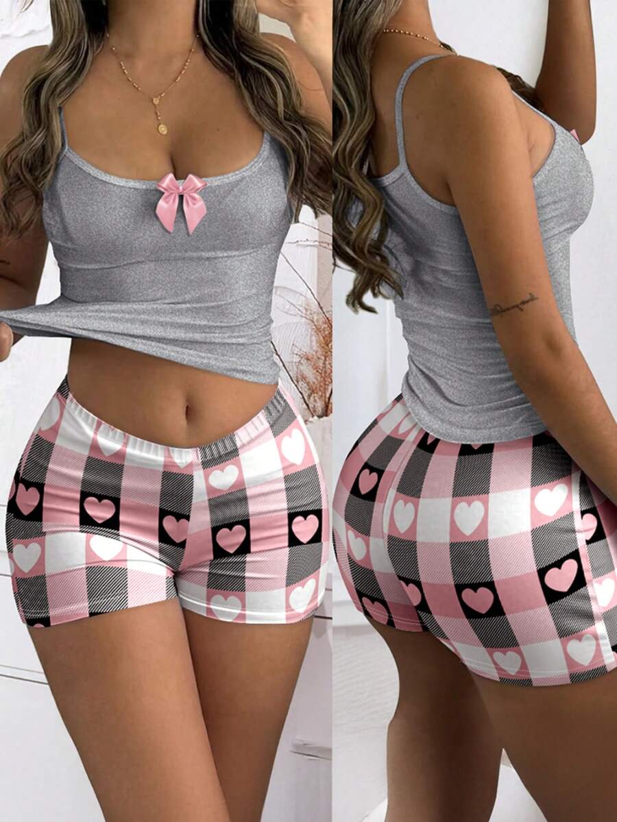 2 Pieces Outfit Spaghetti Strap Bowknot Decor Tank Top And Casual Floral Print Skinny Shorts Set - 灰色 - 查看 1