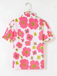 Blusa floral rosa con pétalos encantadores, blusa con estampado floral en crema, rosa y verde con cuello con botones y volantes - Multicolor - Ver 5