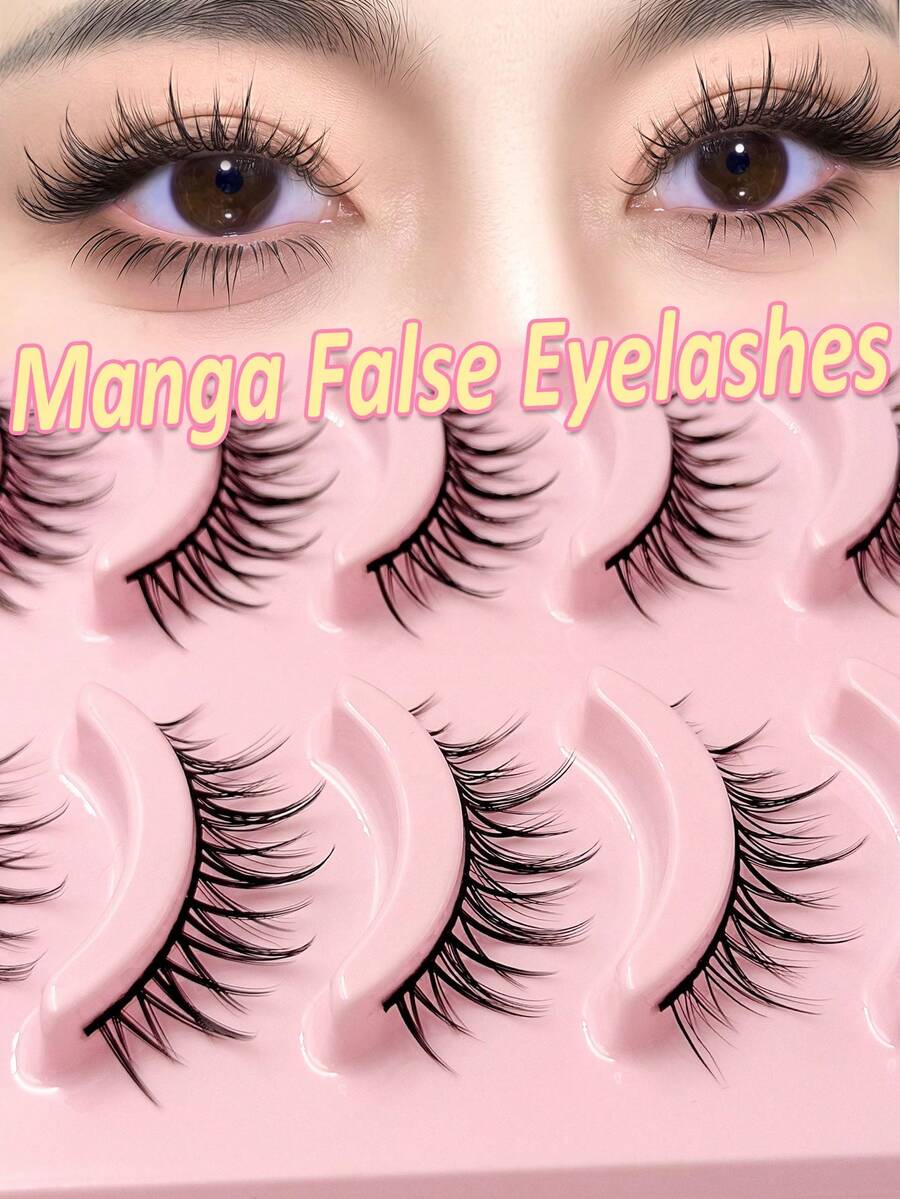 Asiteo 5 Pairs Manga Anime Lashes Natural Look Faux Mink Wispy Cross 3D Volume Eyelashes Korean Japanese Asian Cosplay Eyelashes - 黑色 - 查看 1