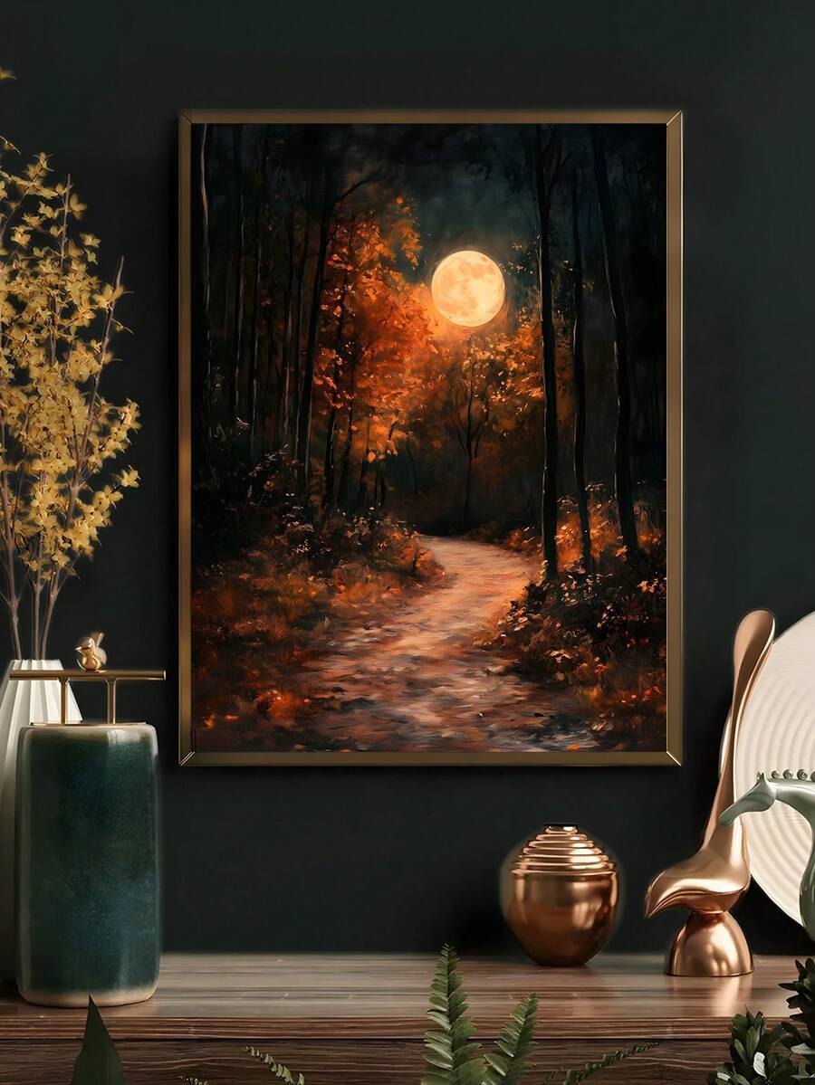 1 X Vintage Autumn Full Moon Dark Forest Art Print, Dark Country Style, Melancholic Autumn Art, Gothic Halloween Art Decoration, Maple Forest Scenery, Night Lily Pond Moon Art Oil Painting, Fairytale Woodland Wall Art, Halloween Autumn Wall Art, Bedroom Decoration, Living Room Decoration, Office Decoration Home Decor Halloween Decor - Multicolor - View 1