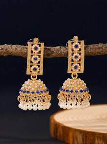 1pair Fashionable Faux Pearl Flower Decorated Hanging Earrings With Colorful Rhinestone Inlay,Charm Tassel, Traditional Pakistan & India Jhumka Earrings Suitable For Women's Daily Wear,Festival,Wedding,Party Gifts ﻿
