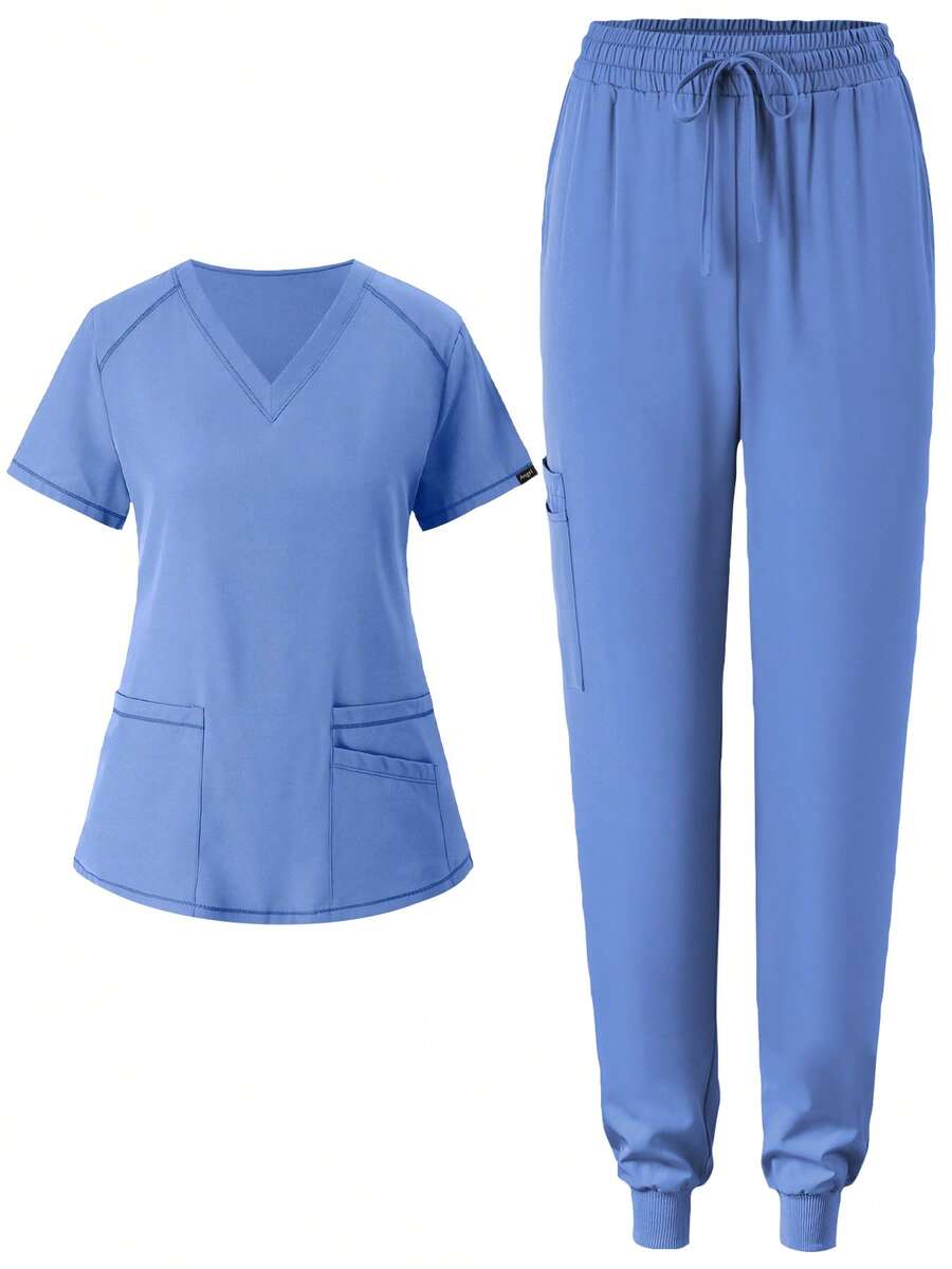 Women's Matte Elastic Jogging Sportswear,  Uniform, Scrub Top With Pocket, Breathable Brushed Labourer Coat Set - Baby Blue - View 1