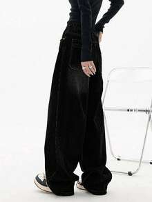 Women's Loose Button Front Wide Leg Plus Size Jeans, Casual And Fashionable-Fall Clothes For Women - Black - View 8