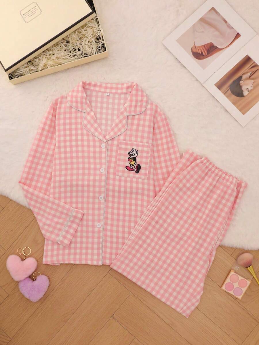 格子家居服套装，甜美可爱的翻领纽扣上衣和长裤，女士睡衣家居服，秋冬服装 - 粉色 - 查看 1