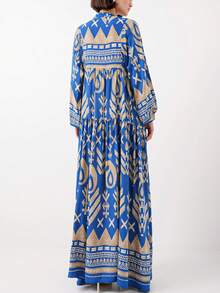 女式纯色流苏系带灯笼袖荷叶边下摆优雅连衣裙 - 水鴨藍 - 查看 4