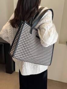 千鸟格图案大号托特包，女士时尚简约大容量单肩包，通勤百搭 - 黑色 - 查看 7