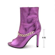 Women's Peep Toe Ankle Boots, Gold Chain Detail, High Heel: Stylish Design, Non-Slip Rubber Sole, Latex Insole For Comfort, Perfect For Shopping, Parties, And Casual Outings  Fashionable    Polyester - METALLIC PURPLE - 查看 2