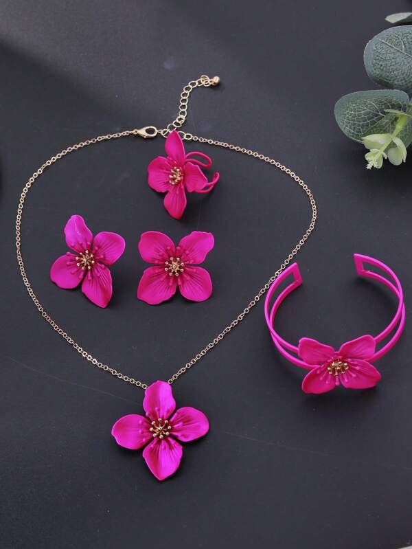 4pcs Set Elegant Floral Painted Pendant Necklace & Earrings Set, European & American Hot Selling Chic Style