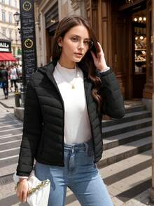 Chaqueta acolchada con capucha minimalista para mujer de Giolshon, con bolsillos, adecuada para otoño e invierno, color negro - Negro - Ver 2