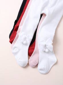 4双装女婴纯色蝴蝶结装饰连裤袜，经典百搭秋冬打底裤 - 彩色 - 查看 6