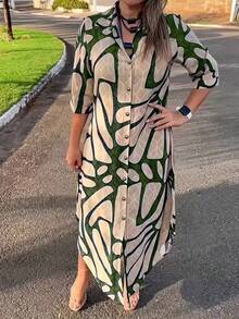 女式全印花七分袖单排扣休闲长衬衫，夏季 - 綠色 - 查看 2