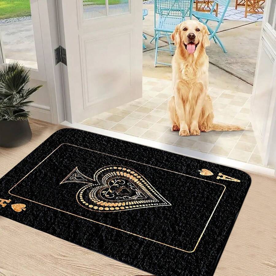 黑桃A扑克牌图案地毯，防滑涤纶羊毛混纺，可机洗，长方形，适用于客厅、卧室、游戏室、酒吧、派对装饰 - 多种尺寸可选，厨房地毯 - 黑色 - 查看 1