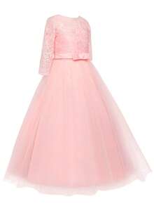 Flower Girls Dress Long Lace Bridesmaid Dress 3/4 Sleeves Floor Length Wedding Party Evening Formal Pegeant Maxi Tulle Ball Gowns - 淺粉色 - 查看 5