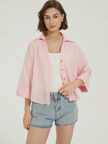 Pink Loose Casual Shirt, Elegant Office/Vacation Wear, Street Fashion & Beach Resort - Pink - View 3