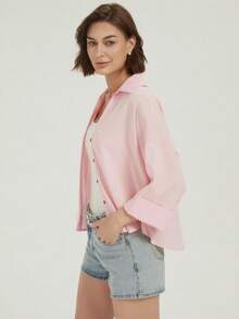 Pink Loose Casual Shirt, Elegant Office/Vacation Wear, Street Fashion & Beach Resort - Pink - View 4