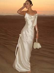 New Stylish And Sexy Spaghetti Strap Backless Dress, Long Vacation-Style Wedding Party Elegant And Sexy Bride Gift Dress, White Women's Knitted Backless Long Dress - trắng - Xem 7