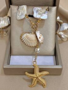 夏季波西米亚风 18K 镀金不锈钢海洋时尚项链，配天然石吊坠，适合女士、妈妈礼物、旅行海滩珠宝、狂欢/舞会/派对/日常配饰、返校礼物、生日礼物、伴娘礼物、骄傲配饰、美人鱼 - 彩色 - 查看 6