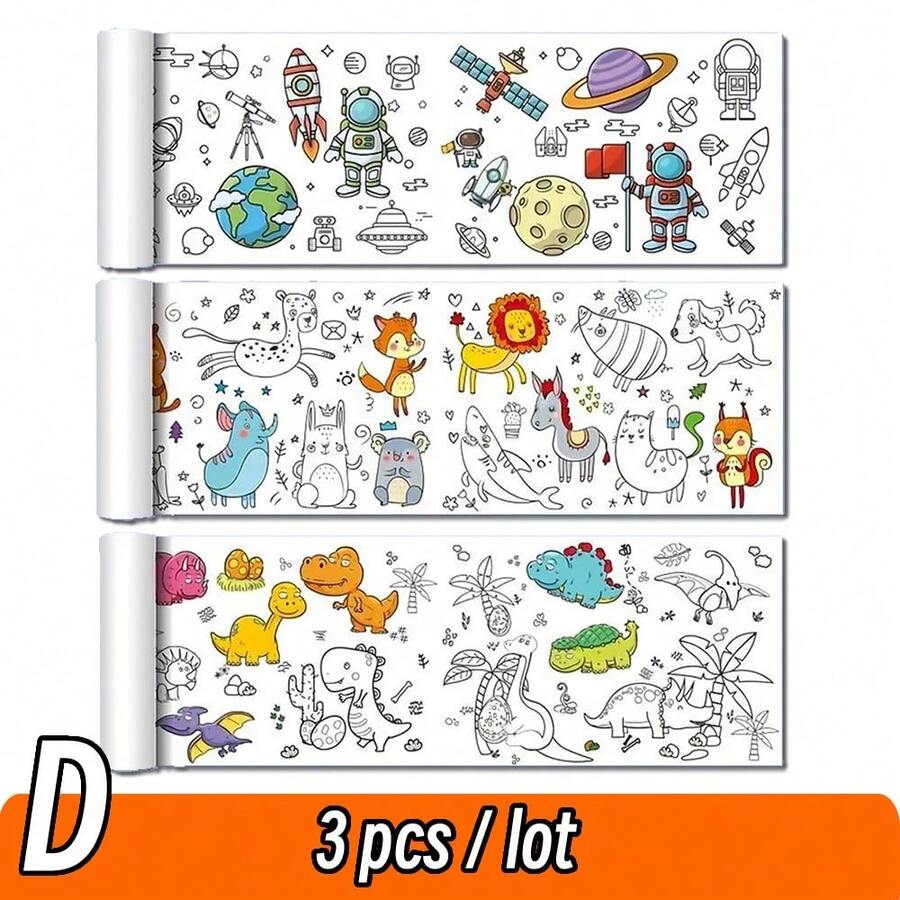 Rollo de dibujo de lienzo de animales de 90cm para niños, rollo de papel para colorear, relleno de Color, Graffiti, pintura cortada en papel, escuela educativa - Juego D 3 piezas - Ver 1
