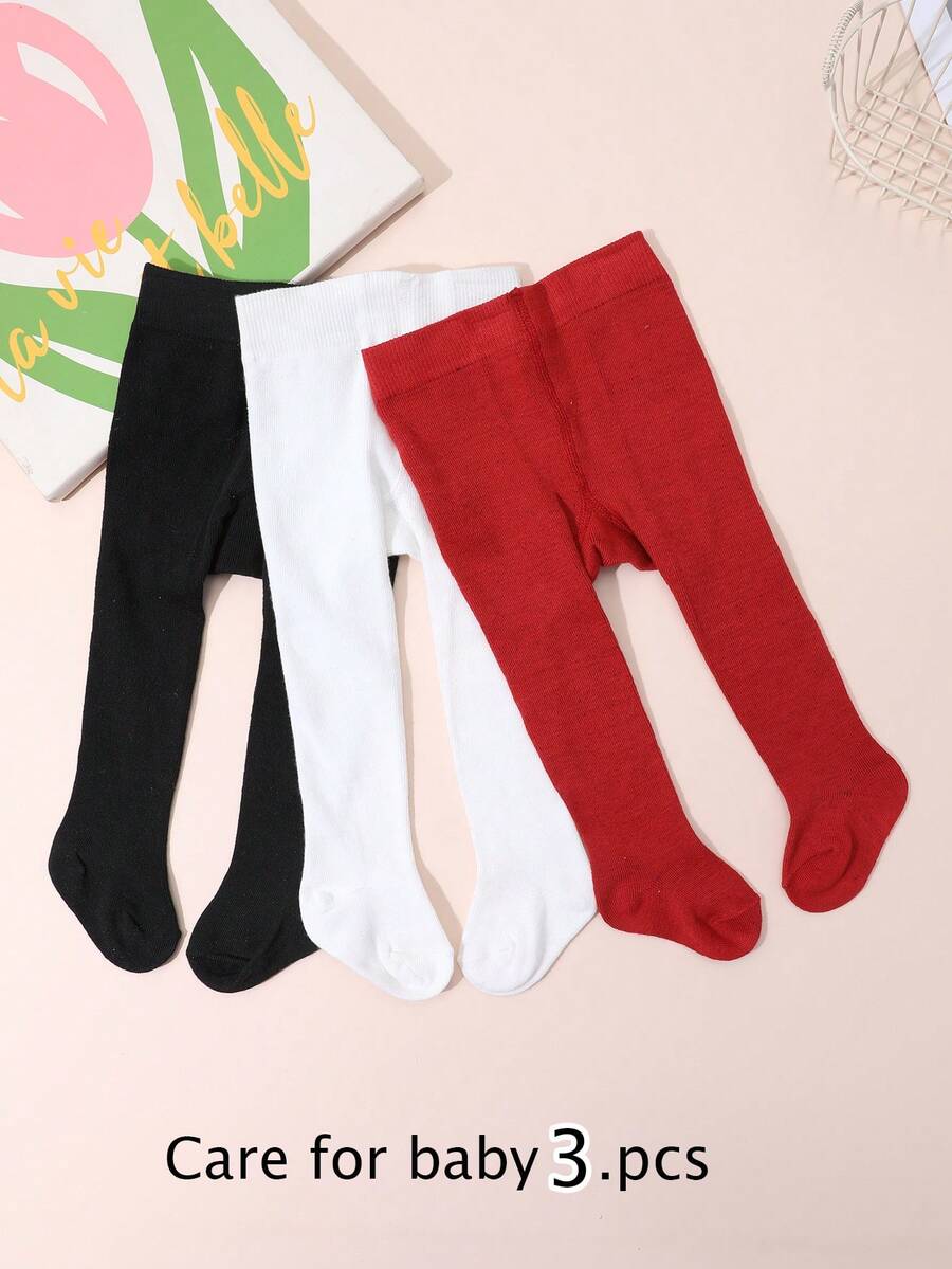 3 Pairs Girls' Plain Solid Pink Princess Style Tights, Suitable For Daily Matching