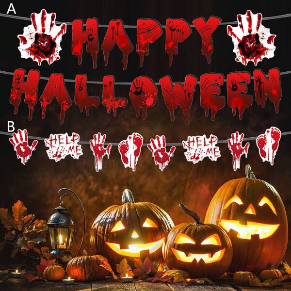 1/3/6sets Happy Halloween Blood Hand Foot Horror Flag Pulling Paper Banner,For Halloween Party Home Hanging Decoration Supplies