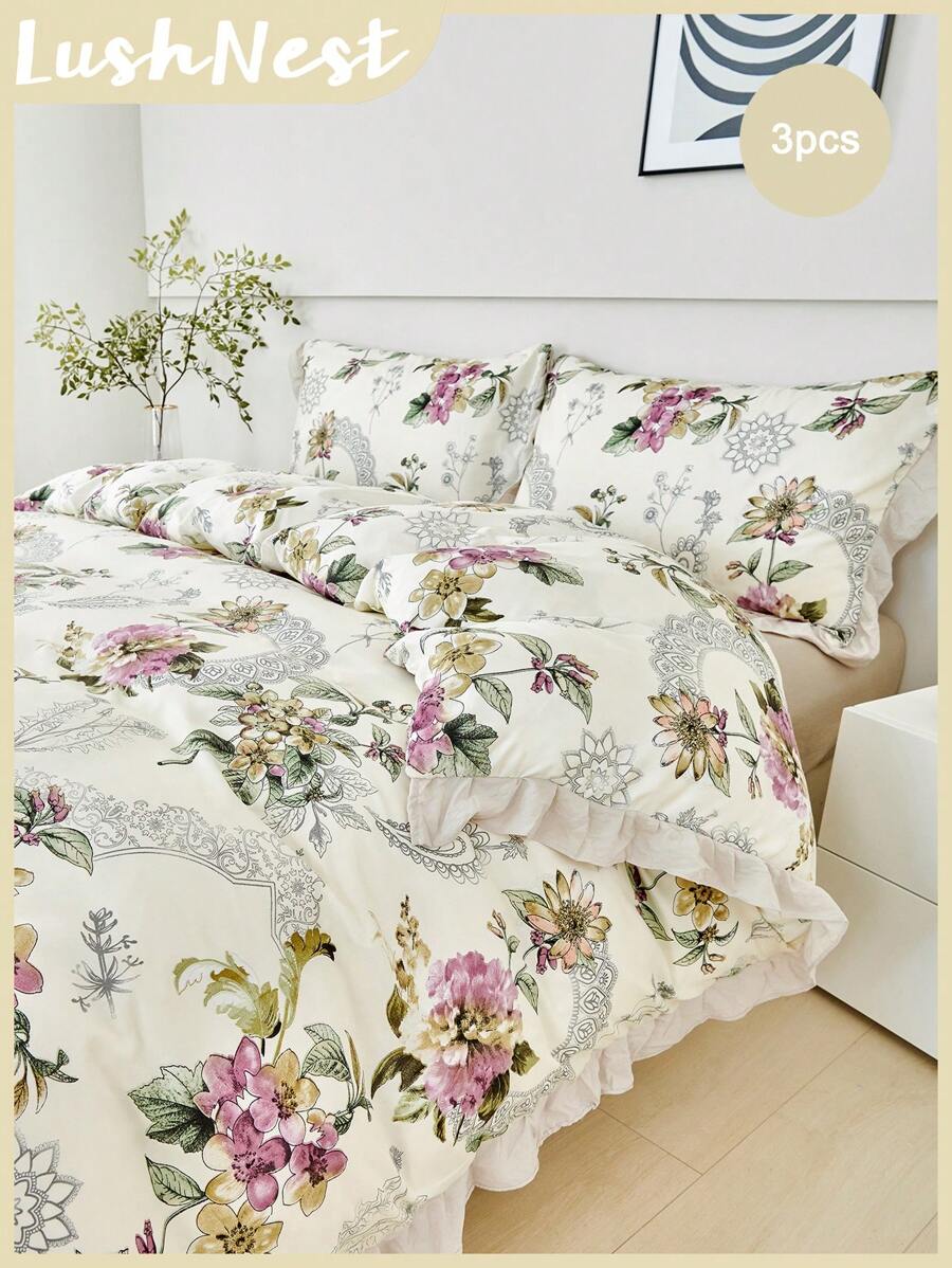 花卉羽绒被套套装带褶边单人大号双人床乡村农舍床上用品套装 3 件套超柔软透气超细纤维羽绒被套 1 个带拉链的羽绒被套 2 个枕套无被子女士礼物
