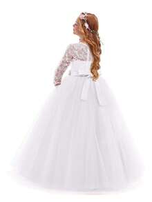 Flower Girls Dress Long Lace Bridesmaid Dress 3/4 Sleeves Floor Length Wedding Party Evening Formal Pegeant Maxi Tulle Ball Gowns - 白色 - 查看 2
