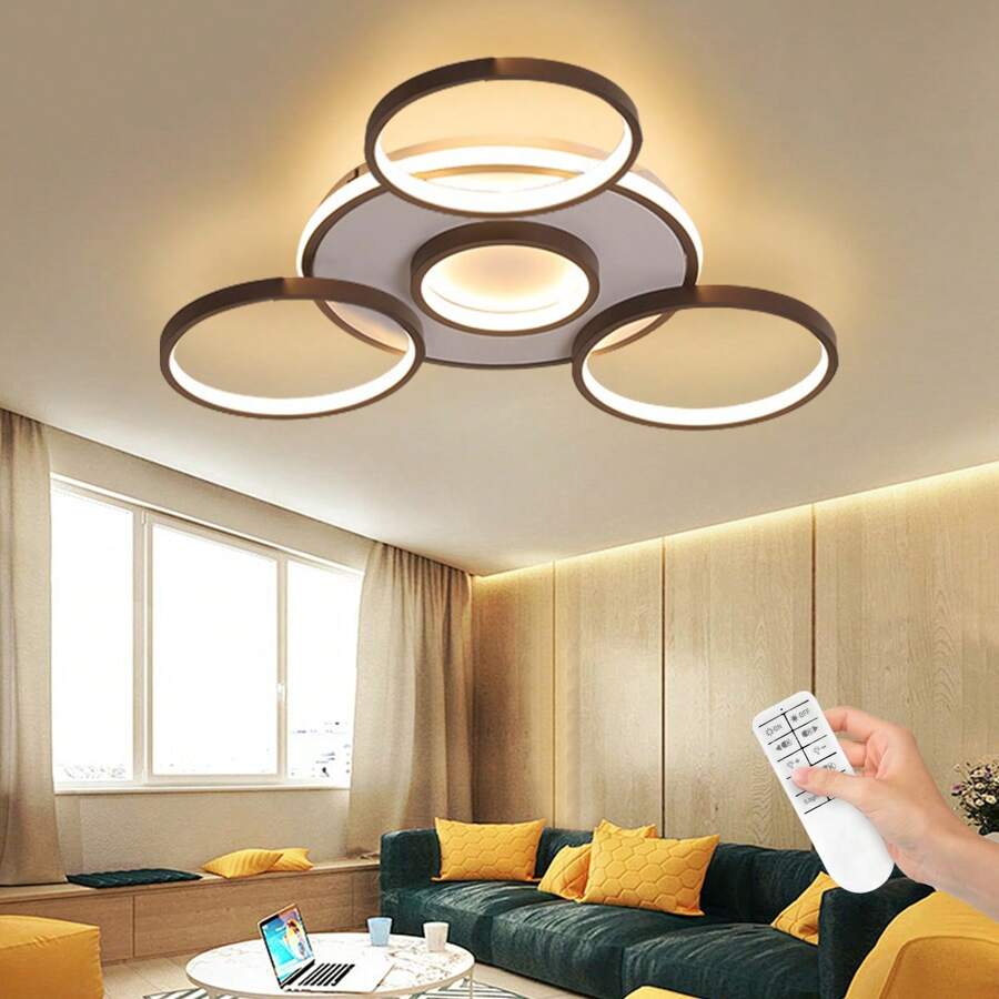 Modern 5-Ring Coffee LED Ceiling Light – Stepless Dimming With Remote Control, 3000K-6500K Adjustable, Stylish Flush Mount Fixture For Living Room, Bedroom, Kitchen - HY-pL0005-5H-cR - View 1