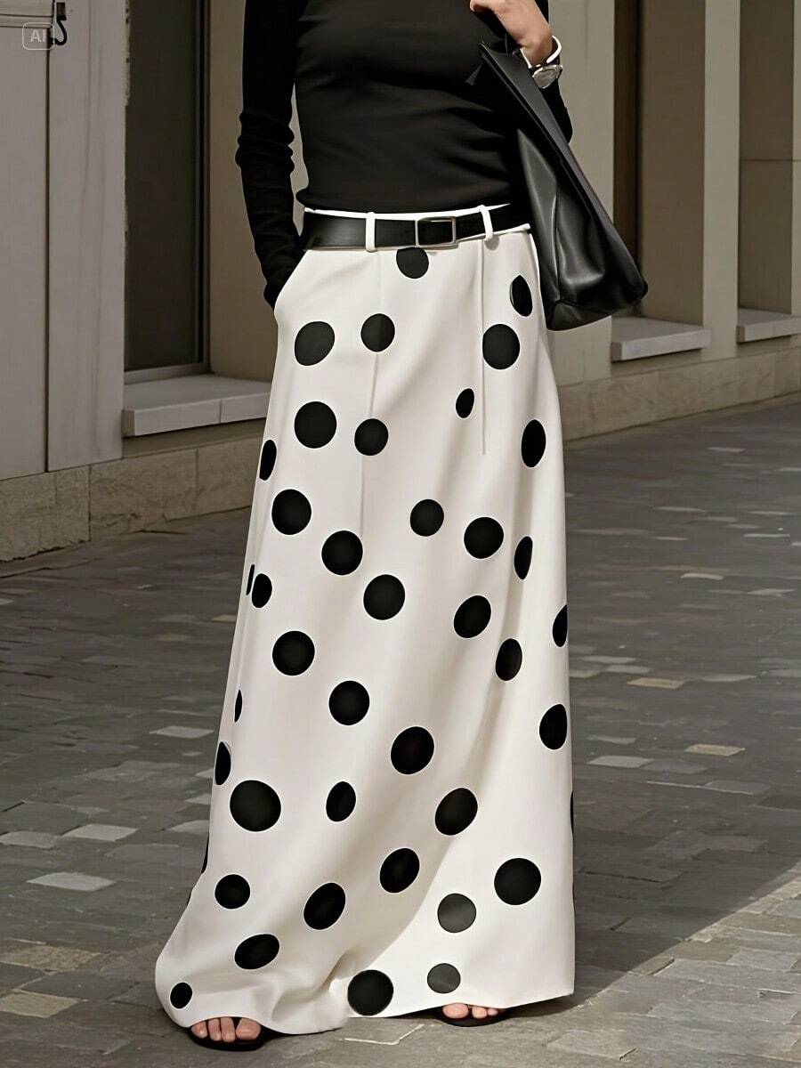 2025 New Summer Fall Elegant Vintage Maxi Skirt For Women  Classic Polka Dot Designal High Waisted H-Line Long Skirts Bottoms Woman Clothes Fit For Party Banquet Business Casual Daily Wear - 白色 - 查看 1