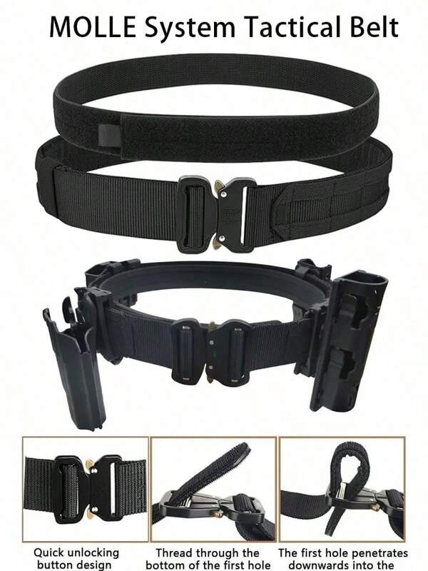 Cinturón táctico 2 en 1 - Nylon, hebilla ajustable, sistema MOLLE, adecuado para supervivencia, caza y uso táctico, equipo táctico