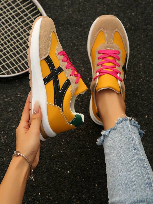 New Fashion Color Block Women's Casual Sports Shoes, Versatile Athleisure Sneakers, Suitable For Casual, Sports, Running, Walking, Lace-Up Student Skateboard Shoes
